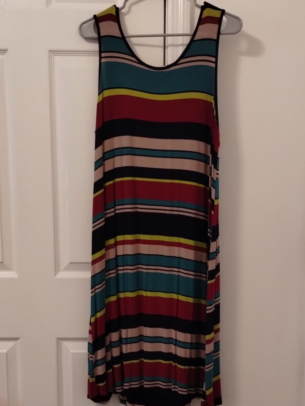 Striped Sleeveless Midi Dress in Teal, Burgundy & Black